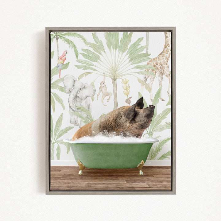 A pig is sitting in a green bathtub, surrounded by various animals such as a parrot, giraffe, and monkey, all set against a tropical wallpaper backdrop.