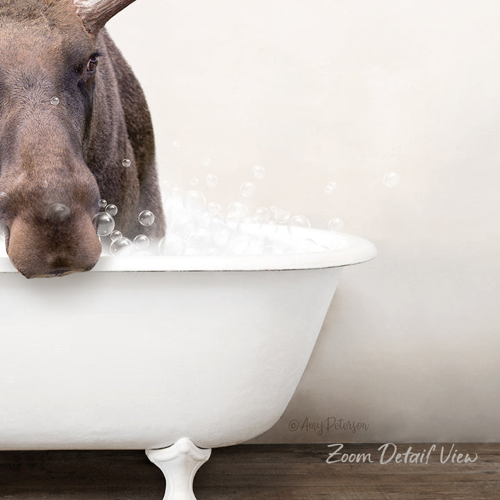 A brown moose is standing in a white bathtub filled with bubbles, creating a whimsical and playful scene.