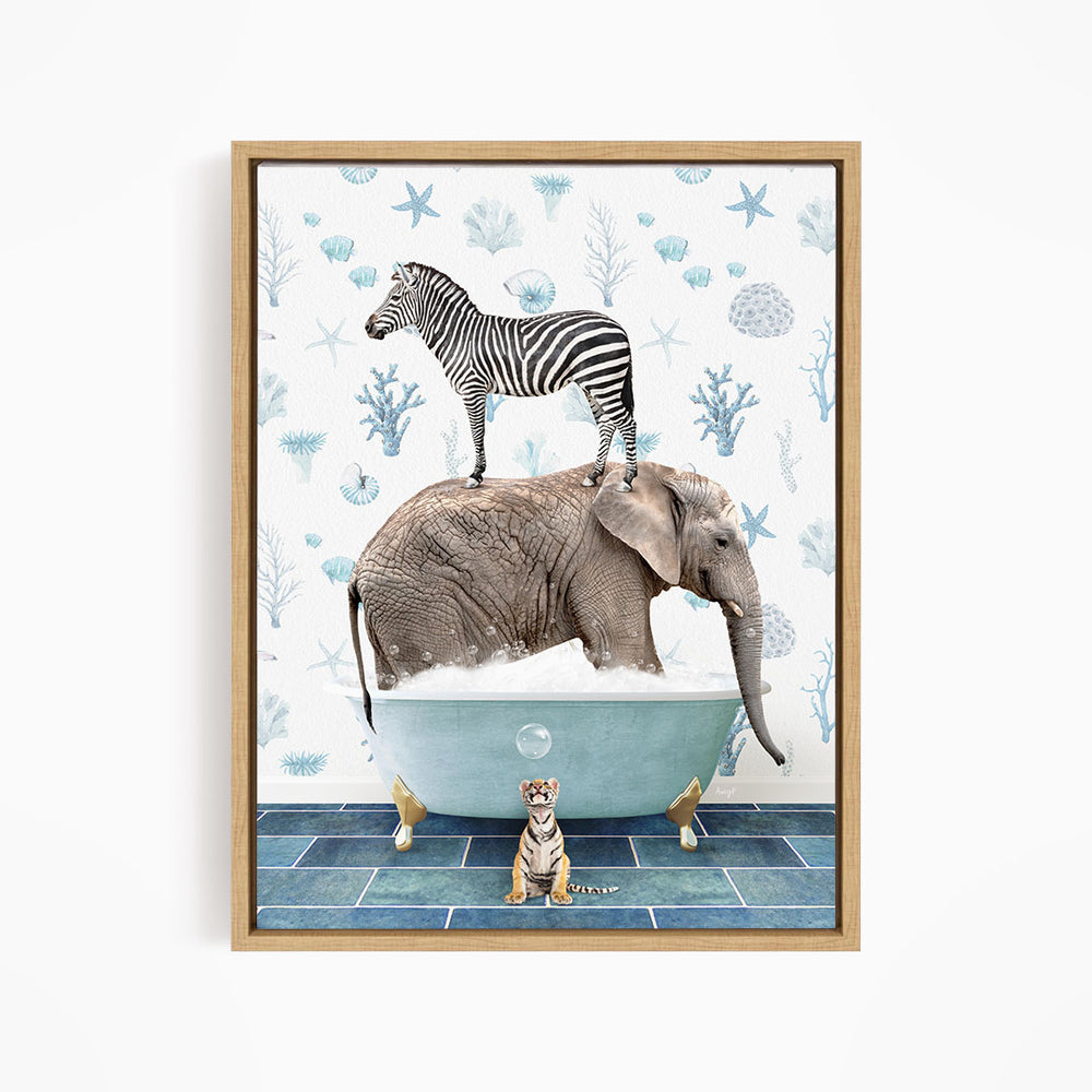 A zebra stands on the back of an elephant, which is submerged in a bathtub, with a tiger sitting on the edge of the tub.