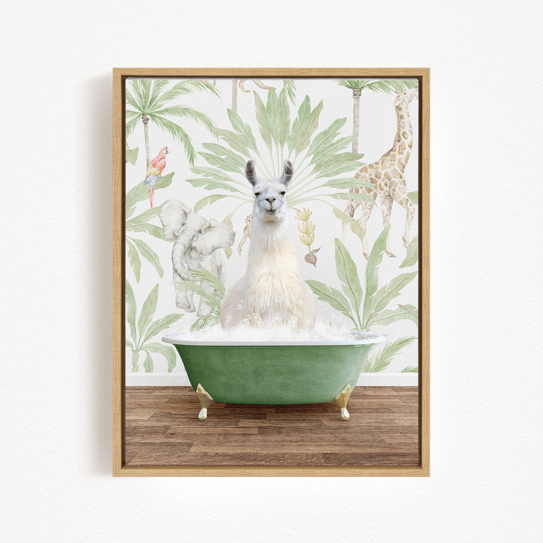 A white llama sitting in a green bathtub, surrounded by tropical plants and animals, including a giraffe and a parrot.