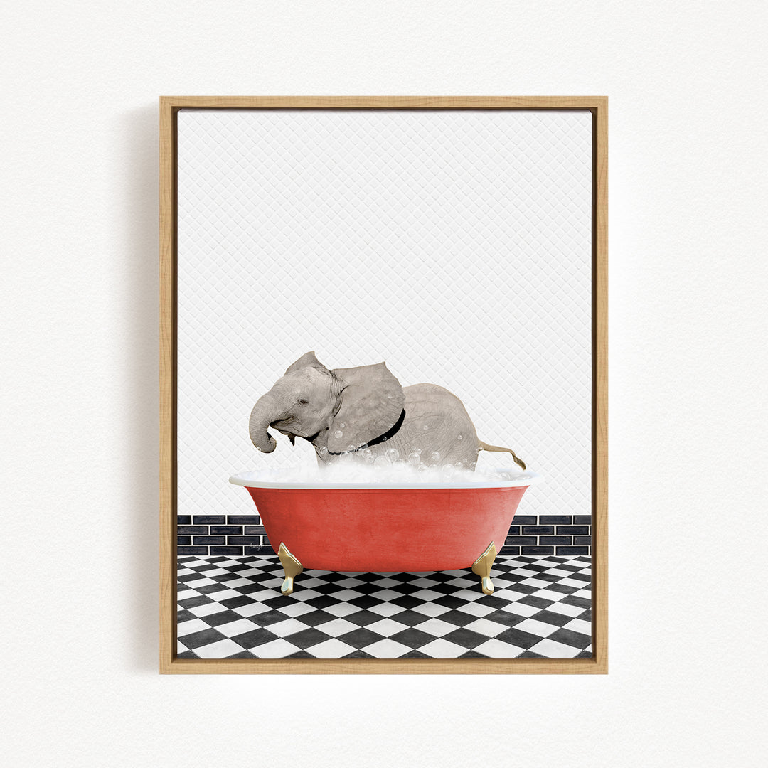 A gray elephant is sitting in a red bathtub filled with water, surrounded by a black and white checkered floor.