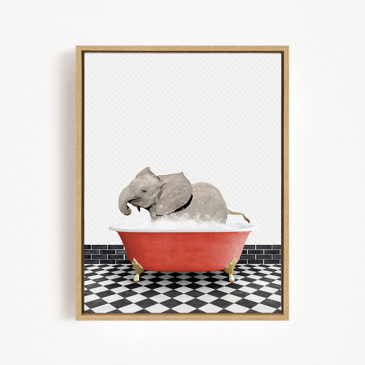 A gray elephant is sitting in a red bathtub filled with water, surrounded by a black and white checkered floor.