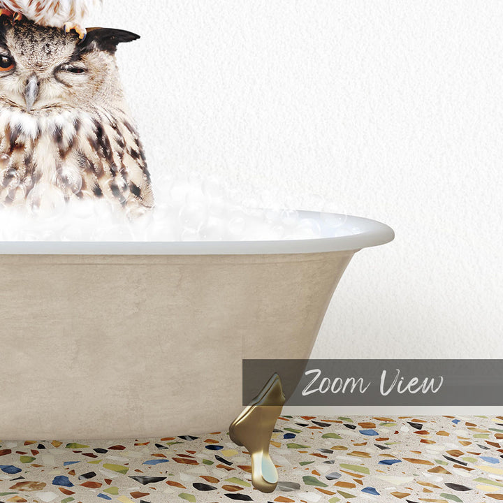 A close-up of an owl sitting in a bathtub filled with bubbles, with a text overlay that reads "Zoom View".
