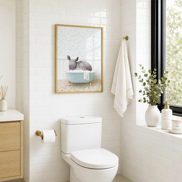 A bathroom with a white toilet, a framed picture of a rabbit in a bathtub, and a window with greenery on the sill.