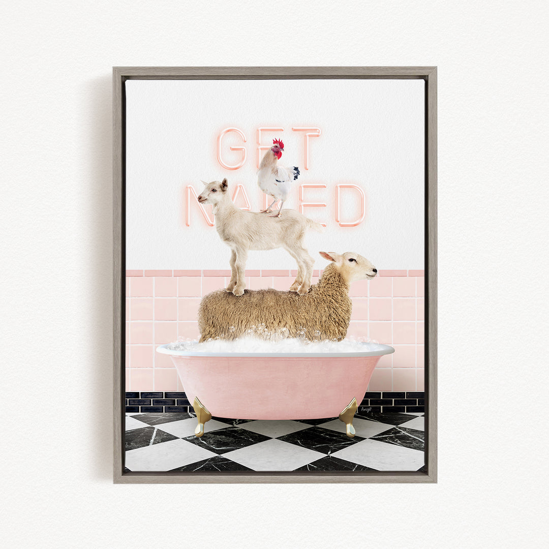 A framed image depicting a goat standing on top of a sheep in a pink bathtub, with a rooster perched on the sheep's back.