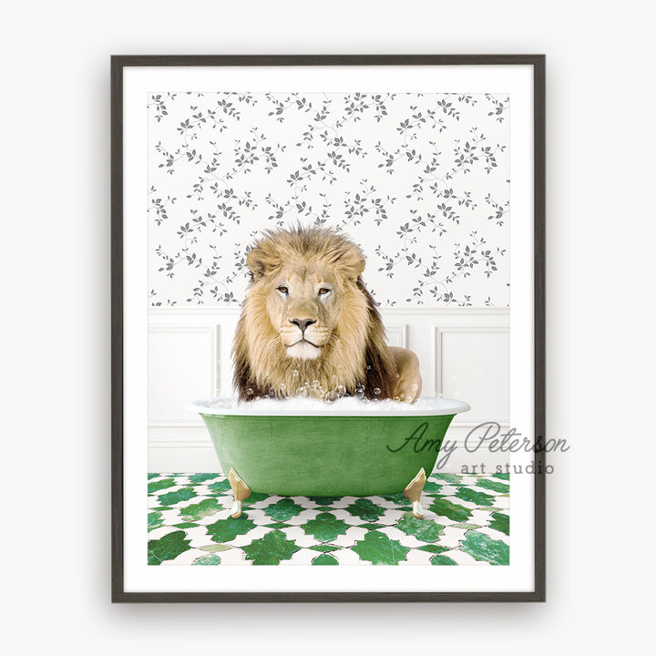 a lion sitting in a green bath tub