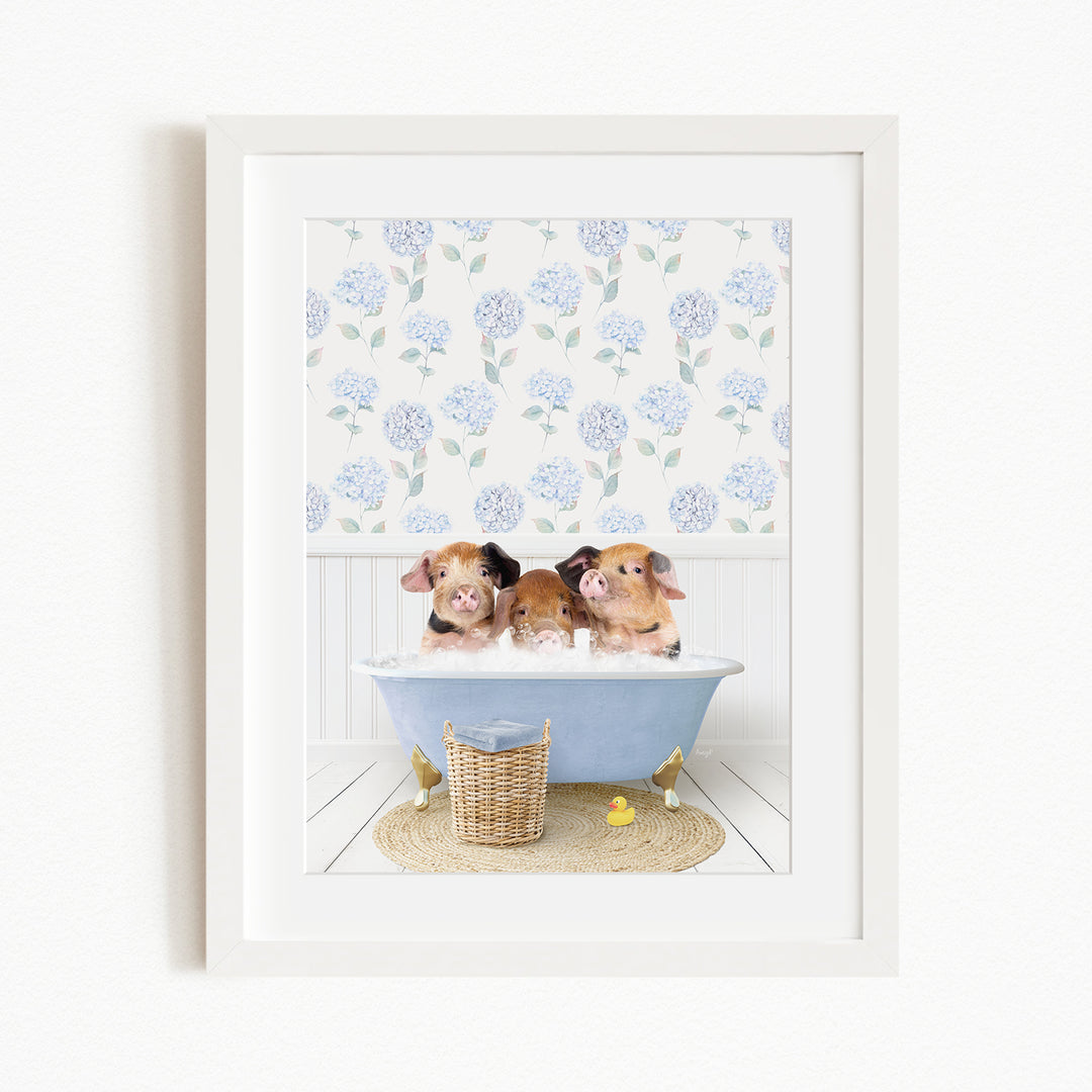 Three adorable pigs sitting in a blue bathtub, surrounded by a floral patterned wall and a basket of rubber ducks.