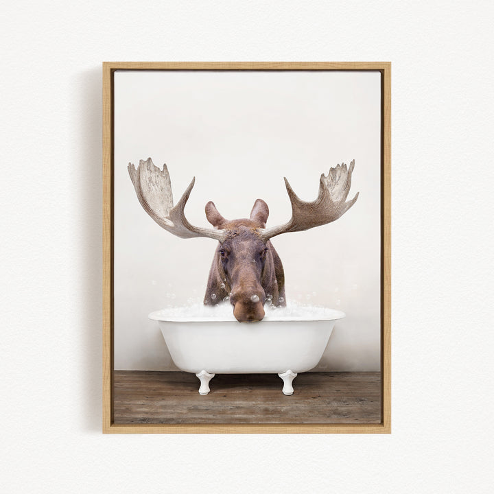 A moose with large antlers is sitting in a white bathtub filled with water, creating a whimsical and humorous scene.