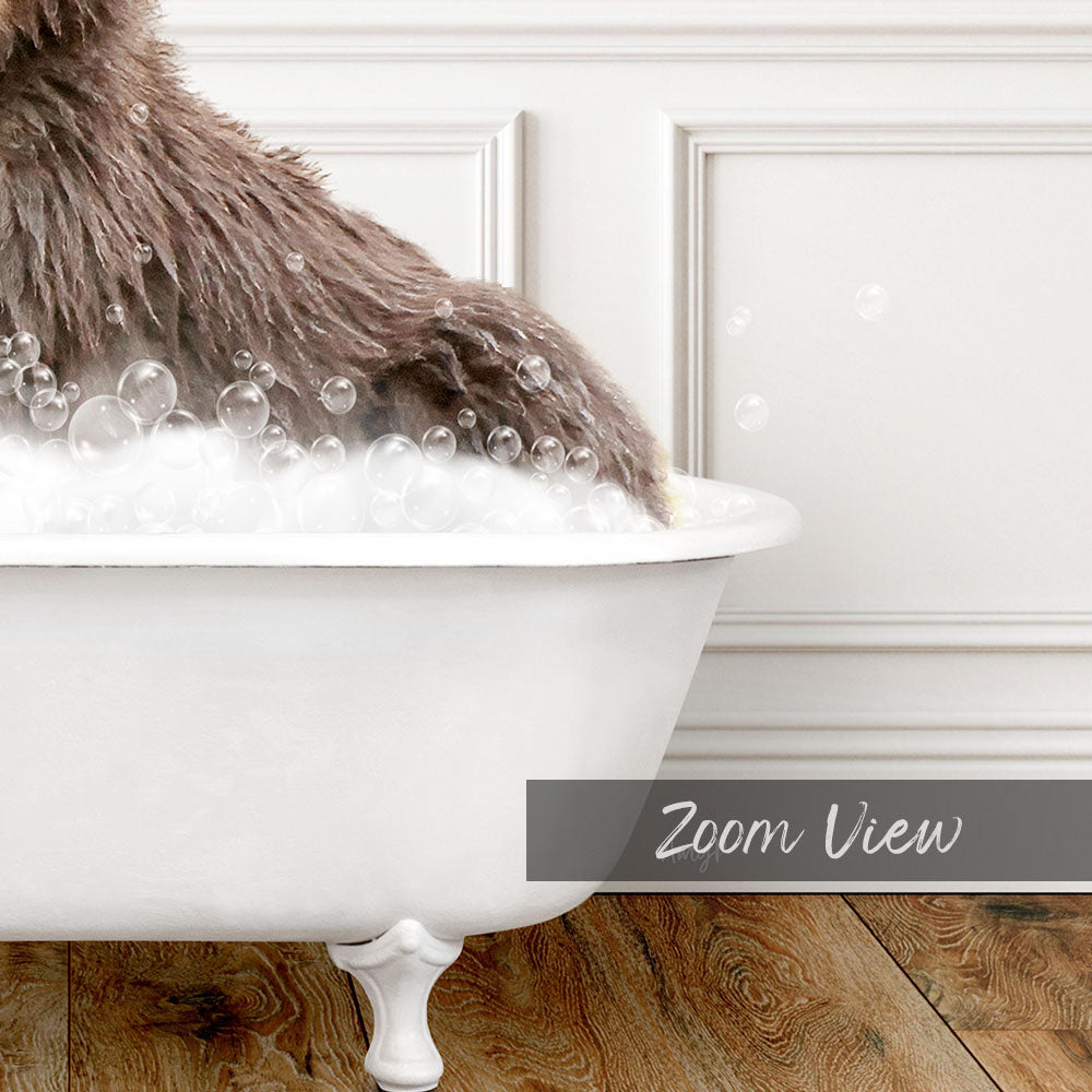 A fluffy brown dog is sitting in a white bathtub filled with bubbles, creating a cozy and relaxing scene.