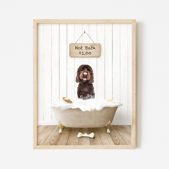 a dog sitting in a bathtub with a sign above it