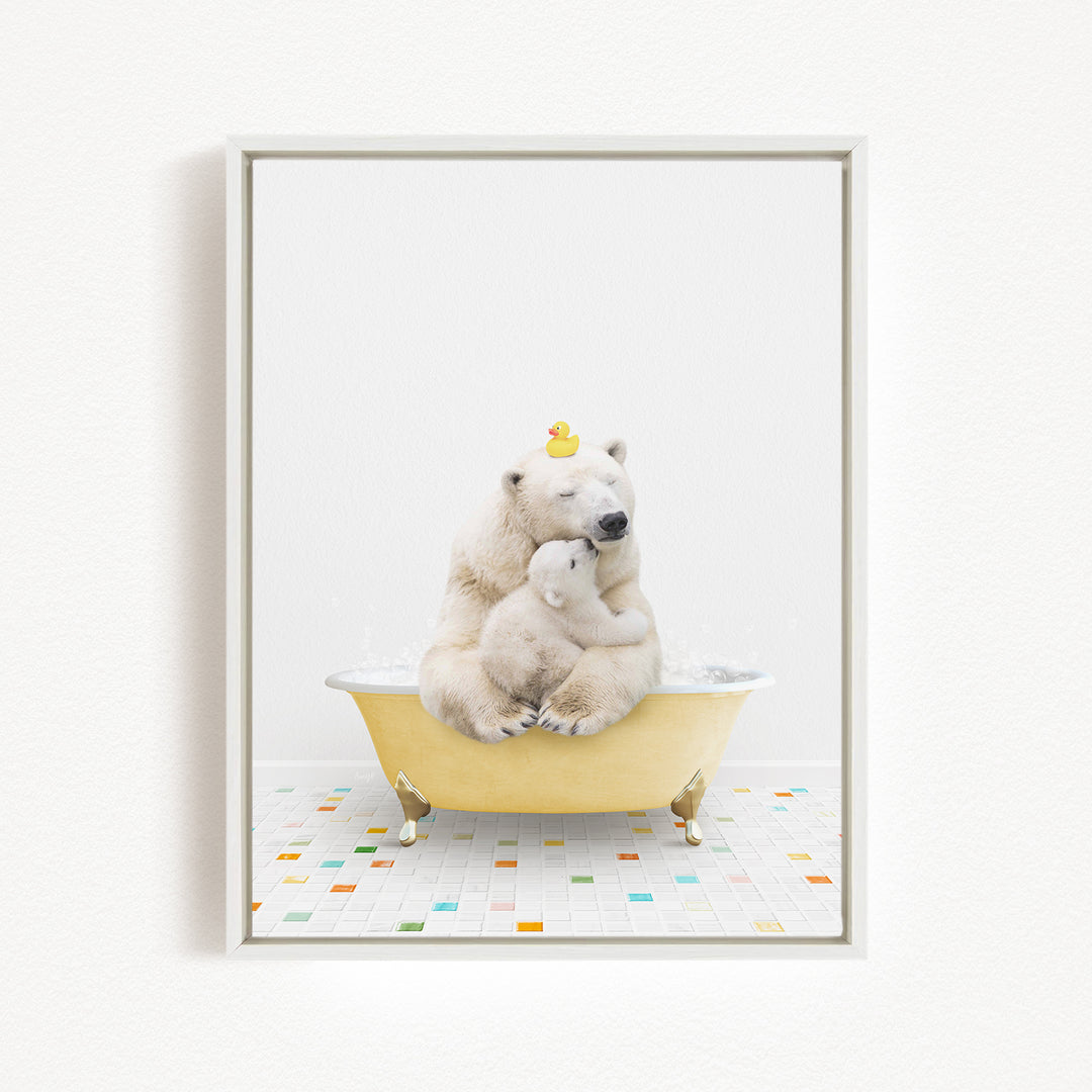 A polar bear and a cub are sitting together in a yellow bathtub, with a rubber duck perched on the bear's head.