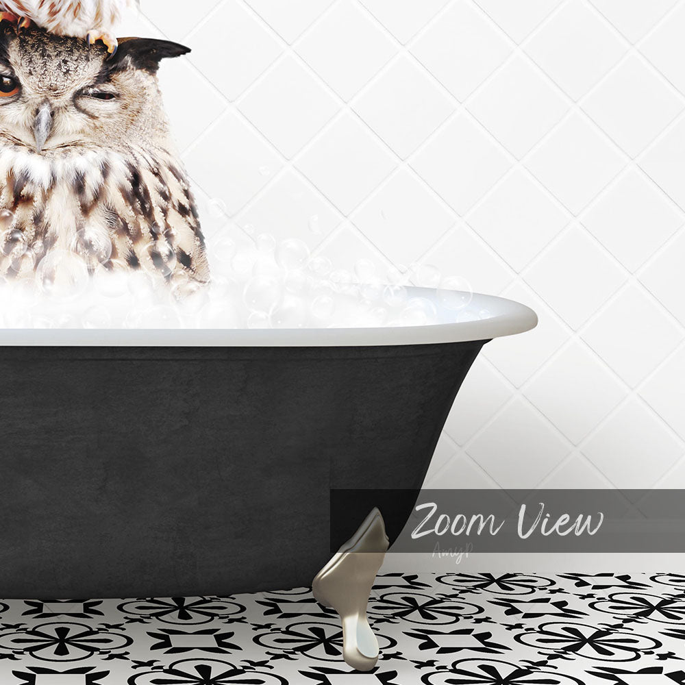 A close-up of an owl sitting in a bathtub filled with water, with a text overlay that reads "Zoom View" in the bottom right corner.