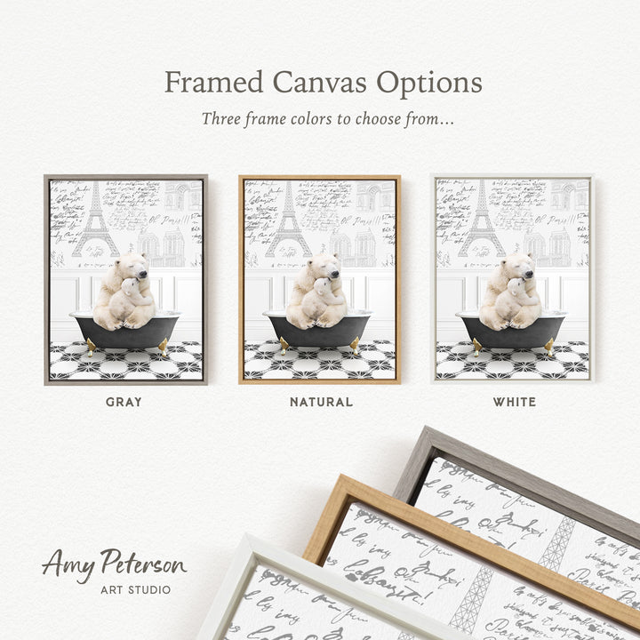 The image is a framed canvas option featuring three different color options for a black and white image of a bear sitting in a bathtub.