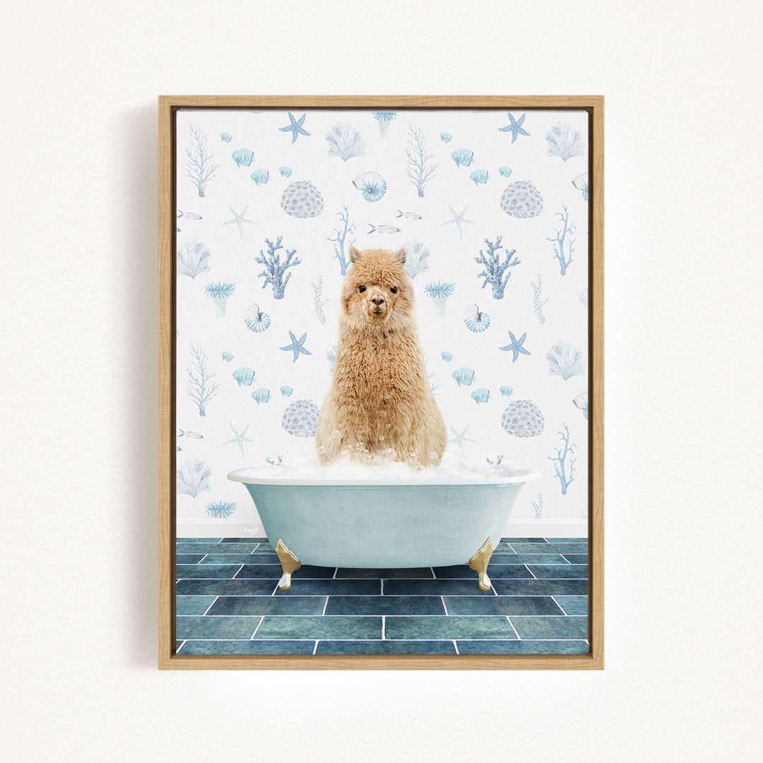 A fluffy brown dog is sitting in a white bathtub filled with bubbles, surrounded by a blue and white patterned wall.