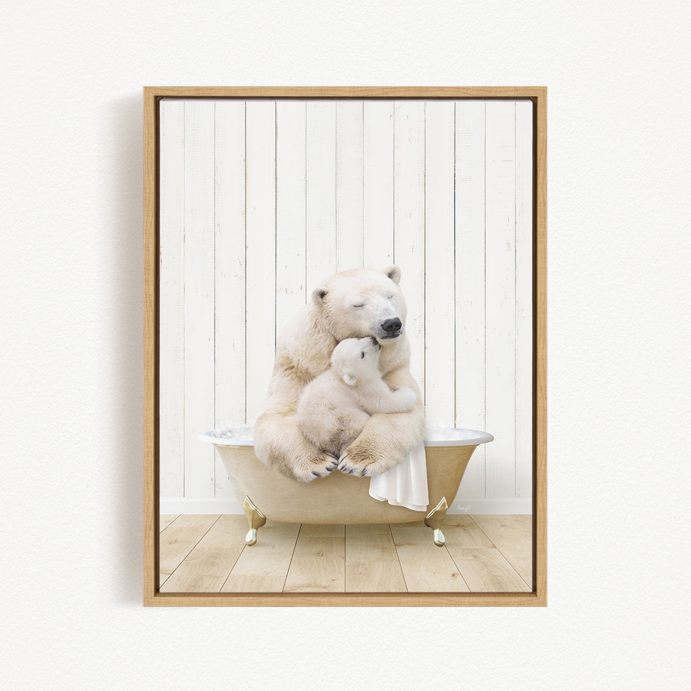 A polar bear and its cub sitting in a bathtub, with the bear's head resting on the cub's body.