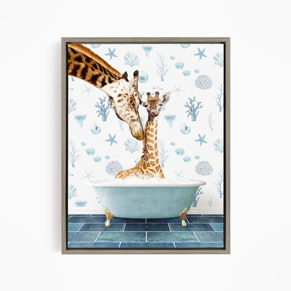 A giraffe and a baby giraffe are sitting in a bathtub filled with water, surrounded by blue and white starfish and coral designs on the wall behind them.