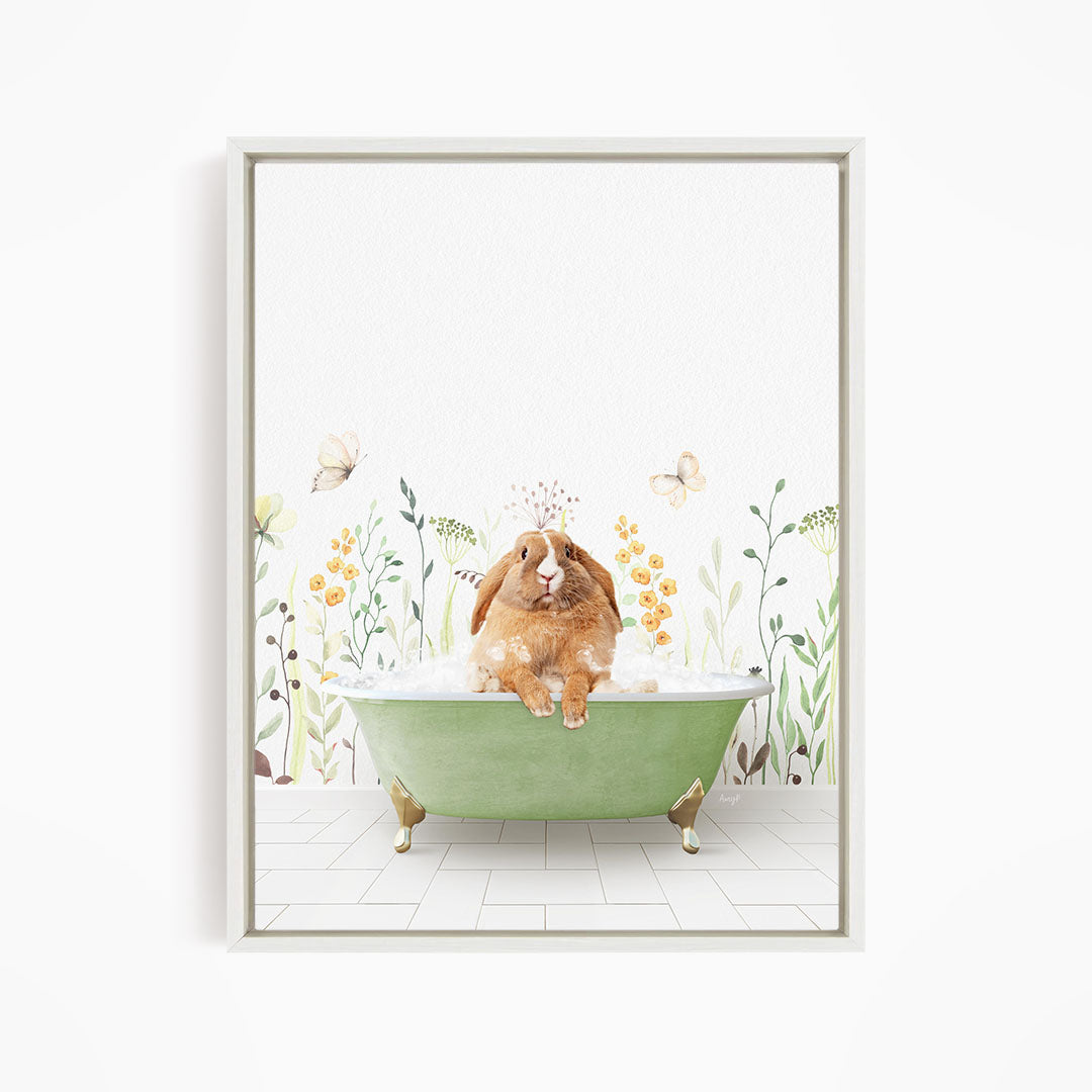 A brown rabbit sitting in a green bathtub filled with bubbles, surrounded by flowers and butterflies.