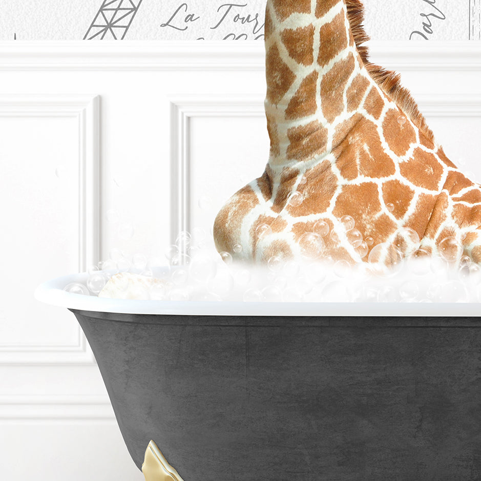 a stuffed giraffe sitting in a bathtub filled with foam