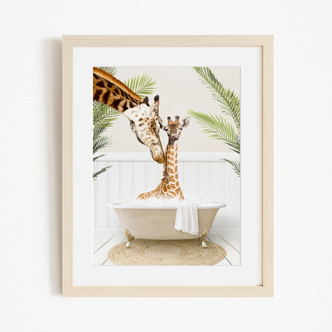 A giraffe and a baby giraffe are sitting in a bathtub filled with water, surrounded by palm leaves.