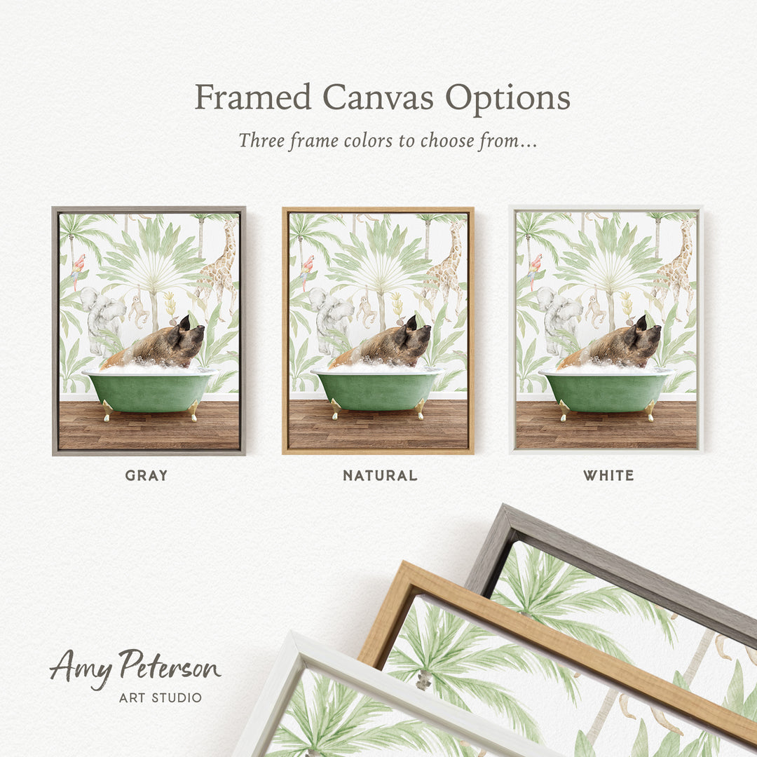 three framed canvas options, each featuring a different color and frame style. The options include a gray frame, a natural frame, and a white frame, each with a picture of a cat sitting in a bathtub.