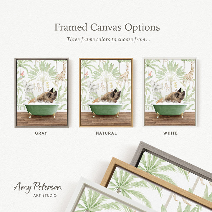 three framed canvas options, each featuring a different color and frame style. The options include a gray frame, a natural frame, and a white frame, each with a picture of a cat sitting in a bathtub.
