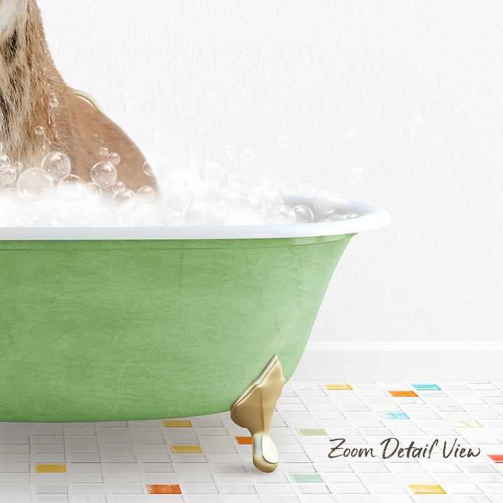 A dog is sitting in a green bathtub filled with bubbles, with a colorful tiled floor in the foreground.