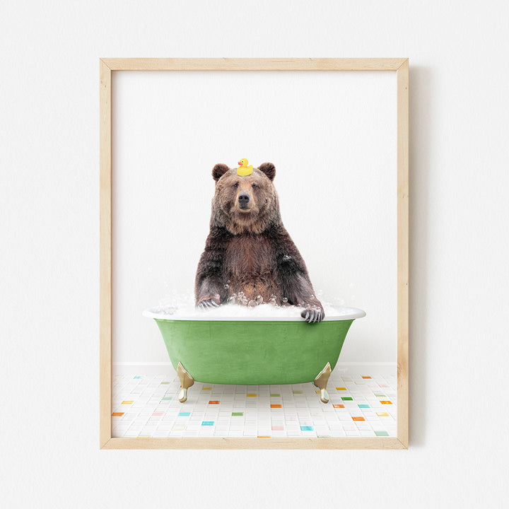 a brown bear sitting in a green bath tub