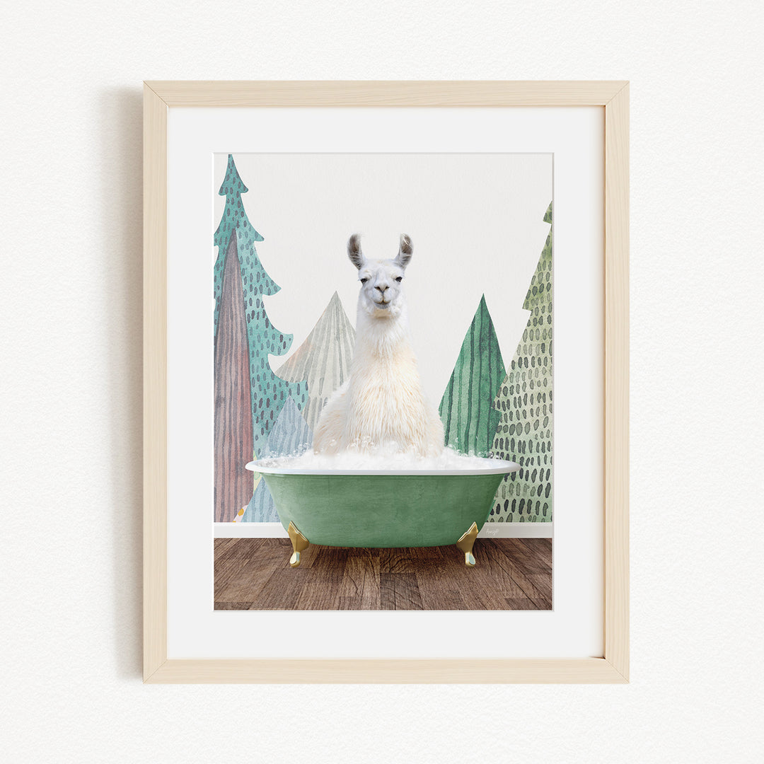 A white llama sitting in a green bathtub, surrounded by stylized trees and a snowy landscape.