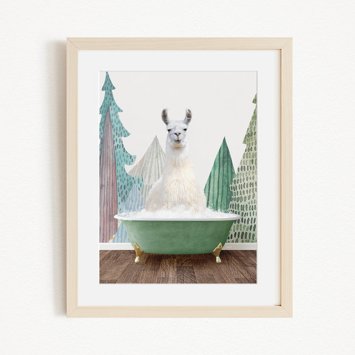 A white llama sitting in a green bathtub, surrounded by stylized trees and a snowy landscape.