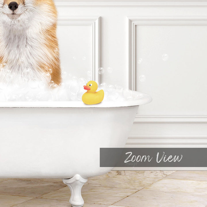 A fluffy dog is sitting in a white bathtub filled with bubbles, with a yellow rubber duck floating on the water.