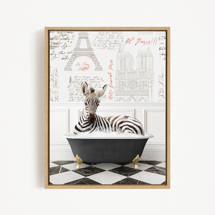 A zebra is sitting in a bathtub, surrounded by various Paris-themed elements such as the Eiffel Tower and other landmarks.