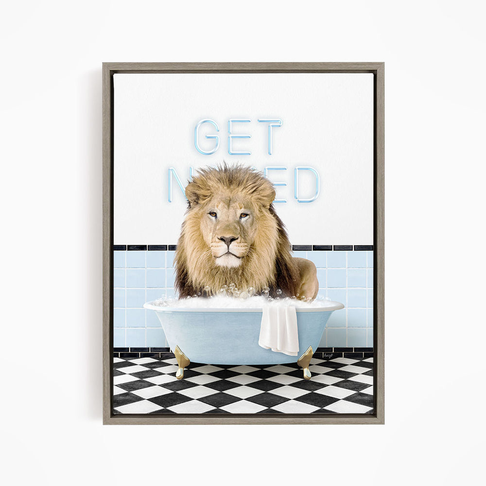 A lion sitting in a bathtub with the text "GET NICKED" written on the wall behind it.