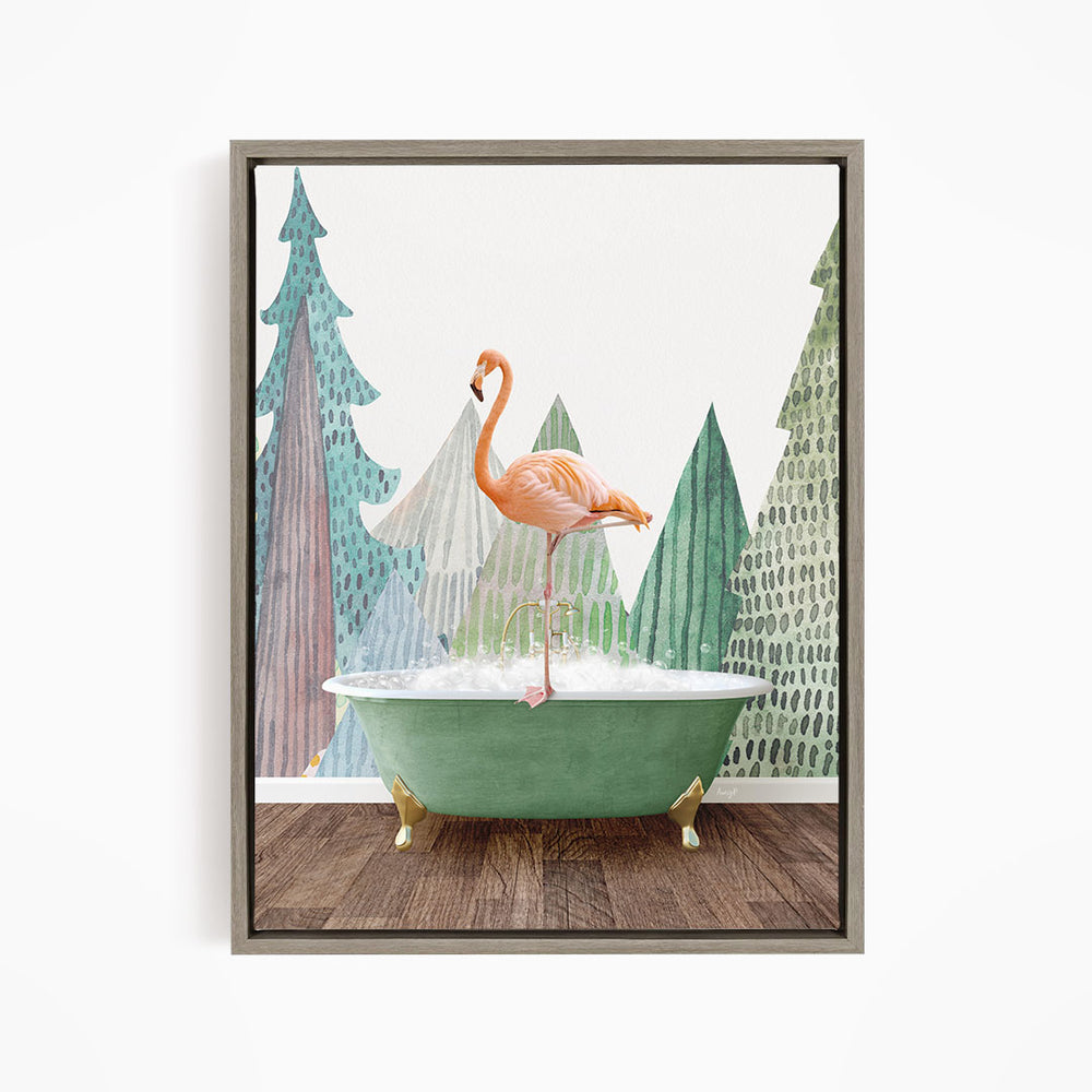 A pink flamingo stands in a green bathtub, surrounded by a forest-themed background with trees and a snowy landscape.