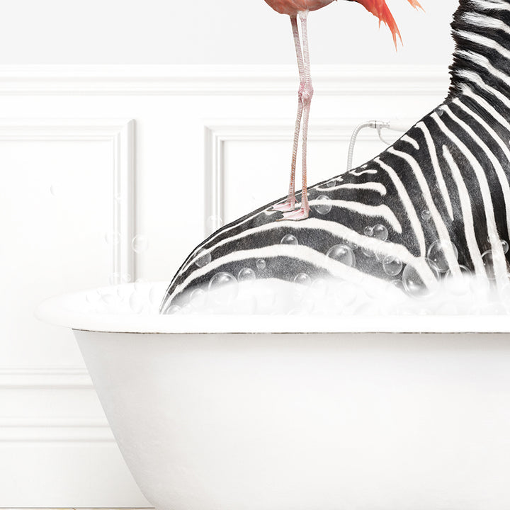 a zebra and a flamingo are in a bathtub