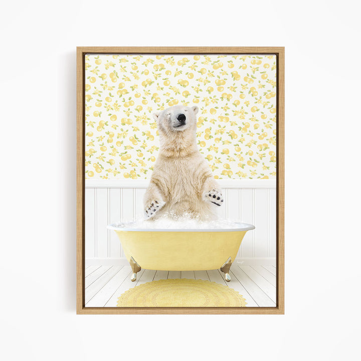 A polar bear sitting in a yellow bathtub filled with water, surrounded by a yellow floral pattern on the wall behind it.