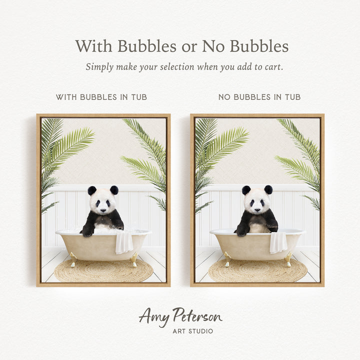 The image is a collage of two pictures featuring a panda bear sitting in a bathtub. The panda bear is sitting on a towel, and there are two bathtubs in the images. The panda bear is sitting in one of the bathtubs, while the other bathtub is empty. The image does not contain any text, and the panda bear is the main subject of the images.