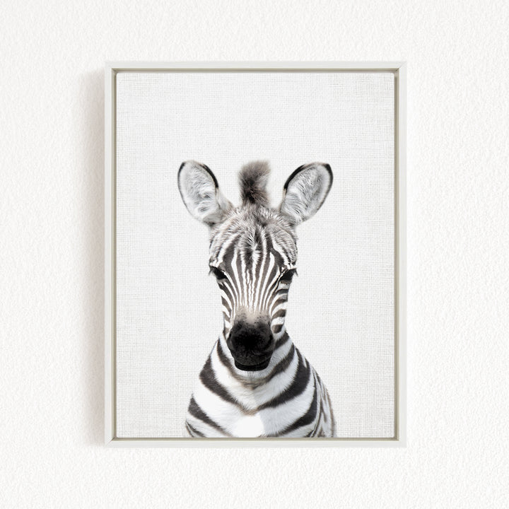 A framed photograph of a zebra's face, with its distinctive black and white stripes and large ears, is displayed on a white wall.
