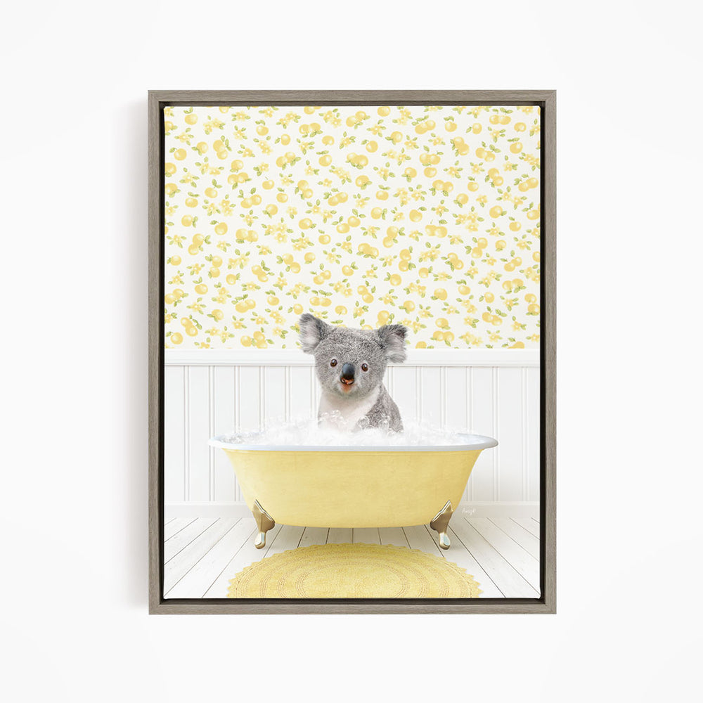 A koala bear sitting in a yellow bathtub filled with water, surrounded by a yellow floral wallpaper.