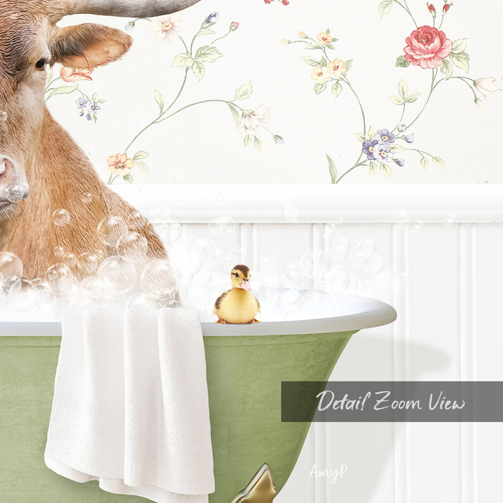 A cow is sitting in a bathtub filled with bubbles, with a small yellow duck sitting on the edge of the tub.