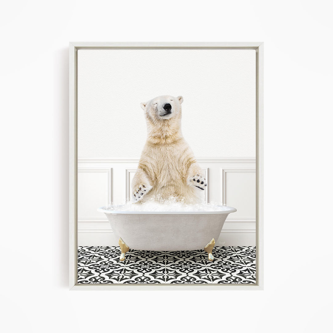 A polar bear standing in a bathtub filled with water, with its paws raised in the air.
