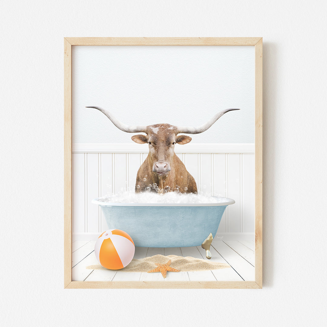 a picture of a cow in a bathtub with a beach ball