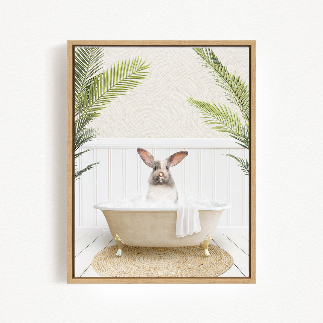 A rabbit sitting in a bathtub filled with water, surrounded by palm leaves, creating a whimsical and relaxing scene.