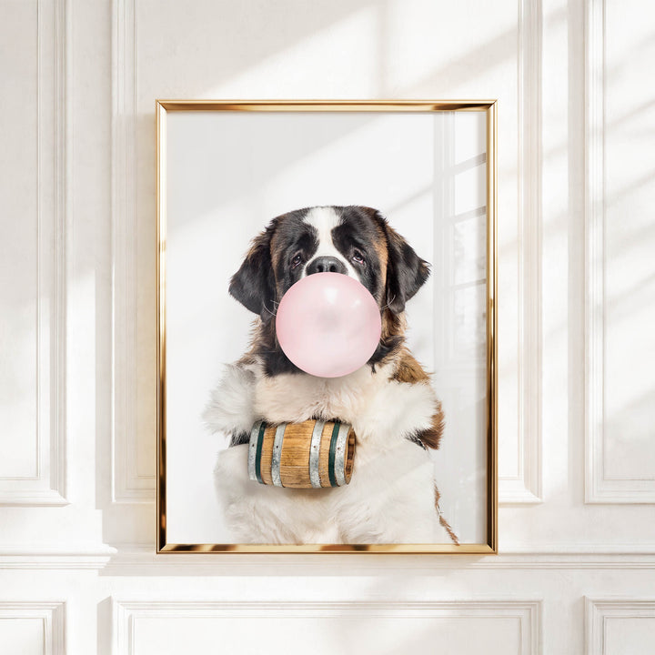 A Saint Bernard dog is sitting in front of a white wall, blowing a pink bubble with a bubble gum bubble wand.