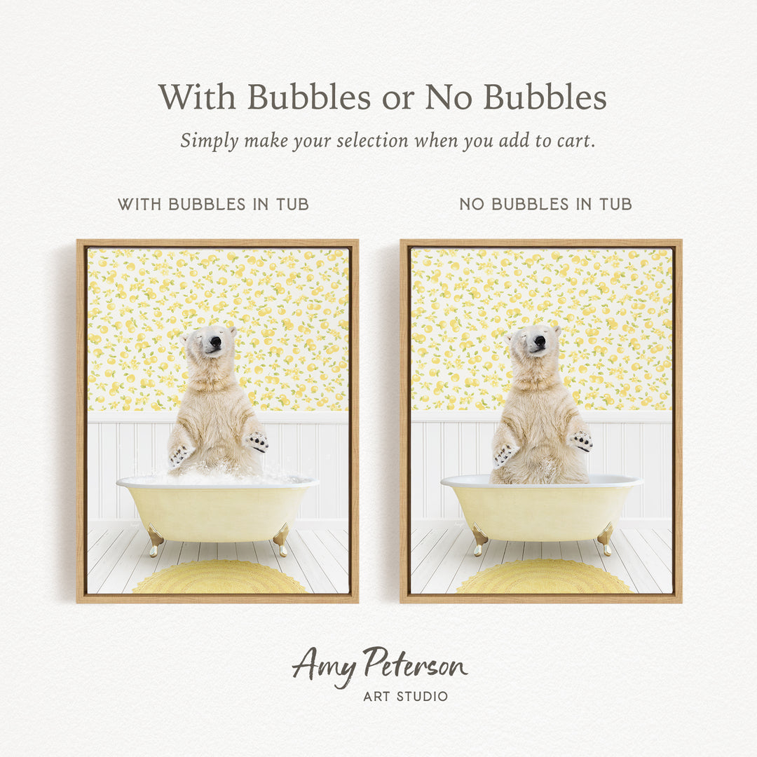 The image is a collage of two pictures featuring a polar bear sitting in a bathtub. The polar bear is surrounded by bubbles, creating a playful and whimsical scene. The collage is presented in a framed format, with the text "With Bubbles or No Bubbles" and "With Bubbles in Tub" indicating the different options for the viewer to choose from when adding to their cart.