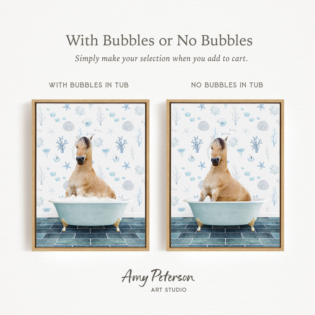 The image is a collage of two pictures, each featuring a horse in a bathtub. The first picture shows a horse sitting in a tub with bubbles, while the second picture shows a horse sitting in a tub without bubbles. The text above the images reads "With Bubbles or No Bubbles Simply make your selection when you add to cart."
