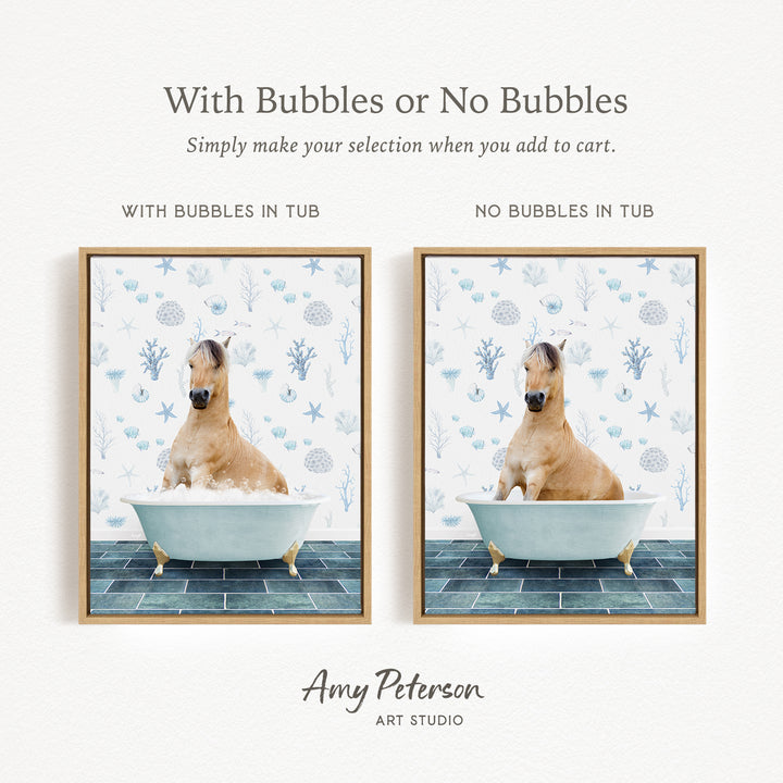The image is a collage of two pictures, each featuring a horse in a bathtub. The first picture shows a horse sitting in a tub with bubbles, while the second picture shows a horse sitting in a tub without bubbles. The text above the images reads "With Bubbles or No Bubbles Simply make your selection when you add to cart."