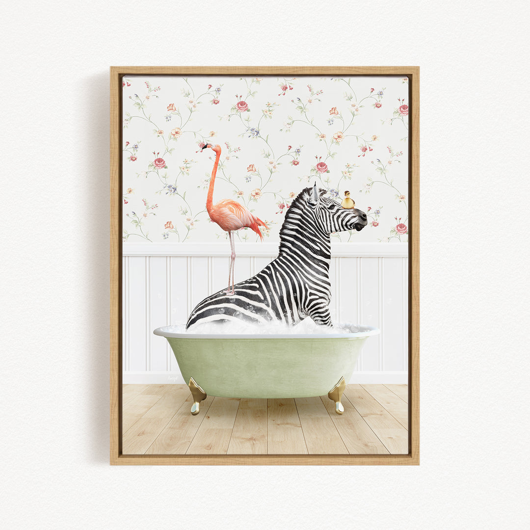 A zebra is sitting in a green bathtub, with a pink flamingo standing on its back legs and a yellow bird perched on its head.