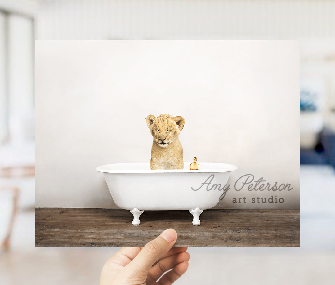 a hand holding a photo of a baby lion in a bathtub