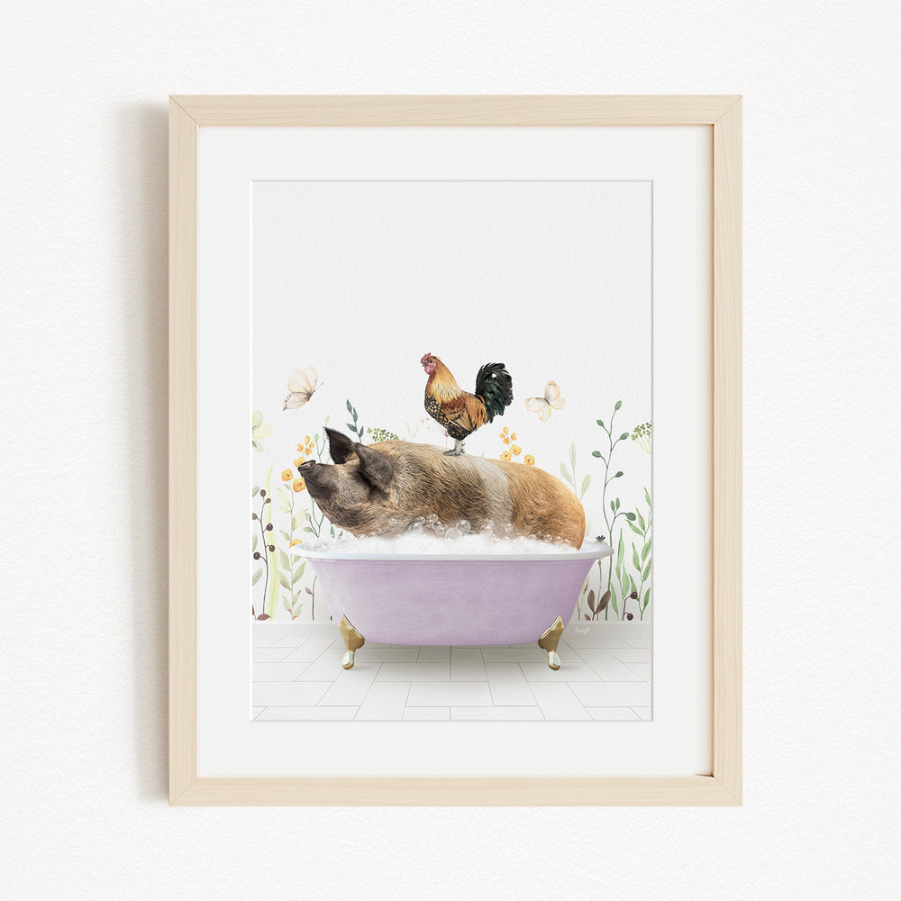 A pig is sitting in a bathtub filled with water, surrounded by flowers and a rooster.