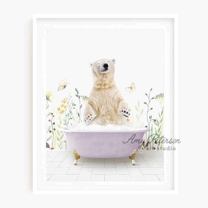 a polar bear is sitting in a bathtub